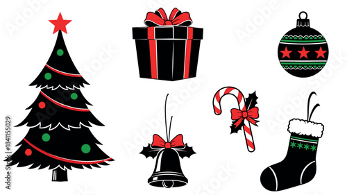 Festive set of black Christmas icons featuring a decorated tree, gift box, bauble, jingle bell, candy cane, and stocking with vibrant red and green holiday accents