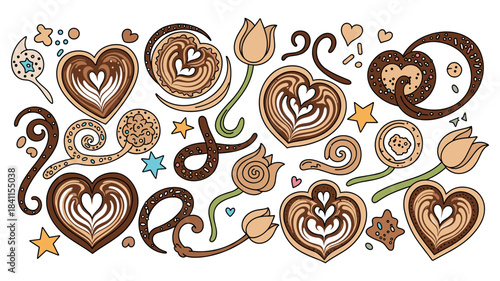 Decorative set of hand-drawn coffee illustrations featuring heart-shaped latte art, sweet pretzels, and abstract flowers in a whimsical, playful doodle style for a cozy cafe concept