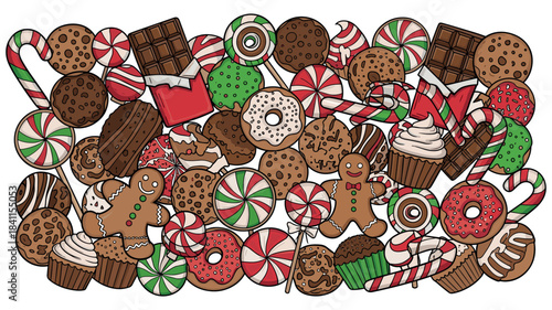 Colorful assortment of cartoon Christmas sweets featuring gingerbread men, candy canes, lollipops, chocolate bars, and cupcakes in a fun, festive hand-drawn doodle pattern