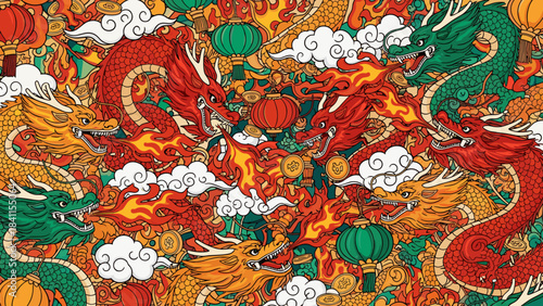 Colorful Asian dragons breathing fire in a festive seamless pattern with lanterns, clouds, and lucky coins, representing traditional Lunar New Year celebration and mythology