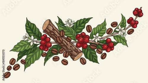 Hand-drawn coffee plant branch with red berries, white flowers, green leaves, and roasted beans arranged with a wooden log in a vintage botanical style
