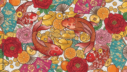 Festive seamless pattern of traditional Asian symbols featuring red koi fish, peonies, gold ingots, lucky coins, oranges, and folding fans in a vibrant, detailed illustration