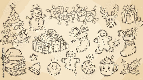Collection of vintage Christmas doodle illustrations featuring a decorated tree, melting snowman, gift boxes, reindeer, and gingerbread man in a cute hand-drawn sketch style