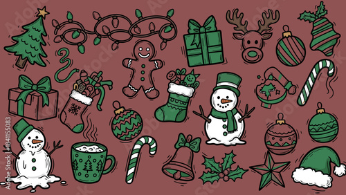 Charming set of various Christmas holiday illustrations featuring a gingerbread man, snowman, tree, and ornaments in a cute, hand-drawn doodle style with a limited color palette