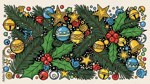 Festive Christmas holiday doodle illustration with fir branches, holly, colorful baubles, stars, and bells creating a joyful seasonal pattern with thick black outlines
