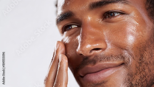 A smiling man with radiant dark skin gently applies a hydrating product to his cheek, showcasing a healthy glow.