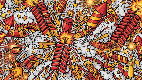 Chaotic doodle pattern of various exploding fireworks and firecrackers in a vibrant comic book style with rockets, smoke, sparks, and stars