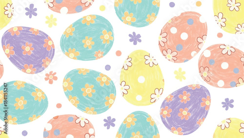 A cheerful and playful seamless pattern featuring a scattered arrangement of large, hand-drawn Easter eggs and abstract flower cutouts.