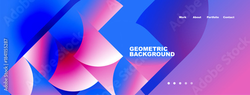 Abstract geometric shapes dominate vibrant pink, blue gradients. Text includes work, about, portfolio, contact. Minimalist design suggests modern website header.
