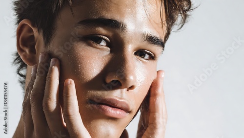 A handsome young man with radiant, dewy skin gently touches his cheeks in a close-up portrait.