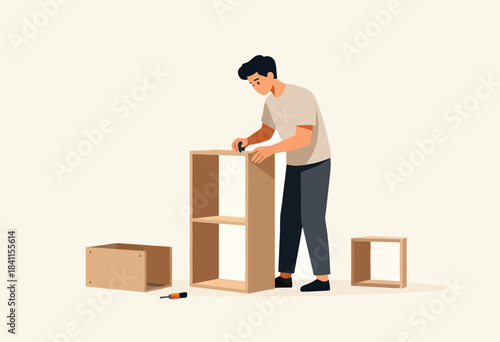 Illustration depicts a person assembling a wooden shelf unit with parts and tools scattered about