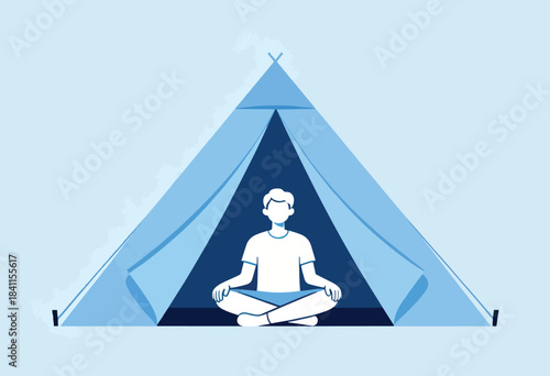A person meditates peacefully inside a blue teepee-like structure. The serene scene is set against a soft, light blue background