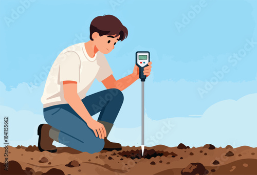 Illustration shows a man kneeling and using a soil moisture meter outdoors, under a light blue sky