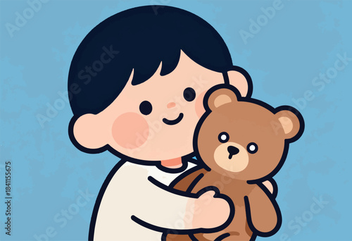 A cheerful illustration of a child hugging a teddy bear. The child has black hair and rosy cheeks