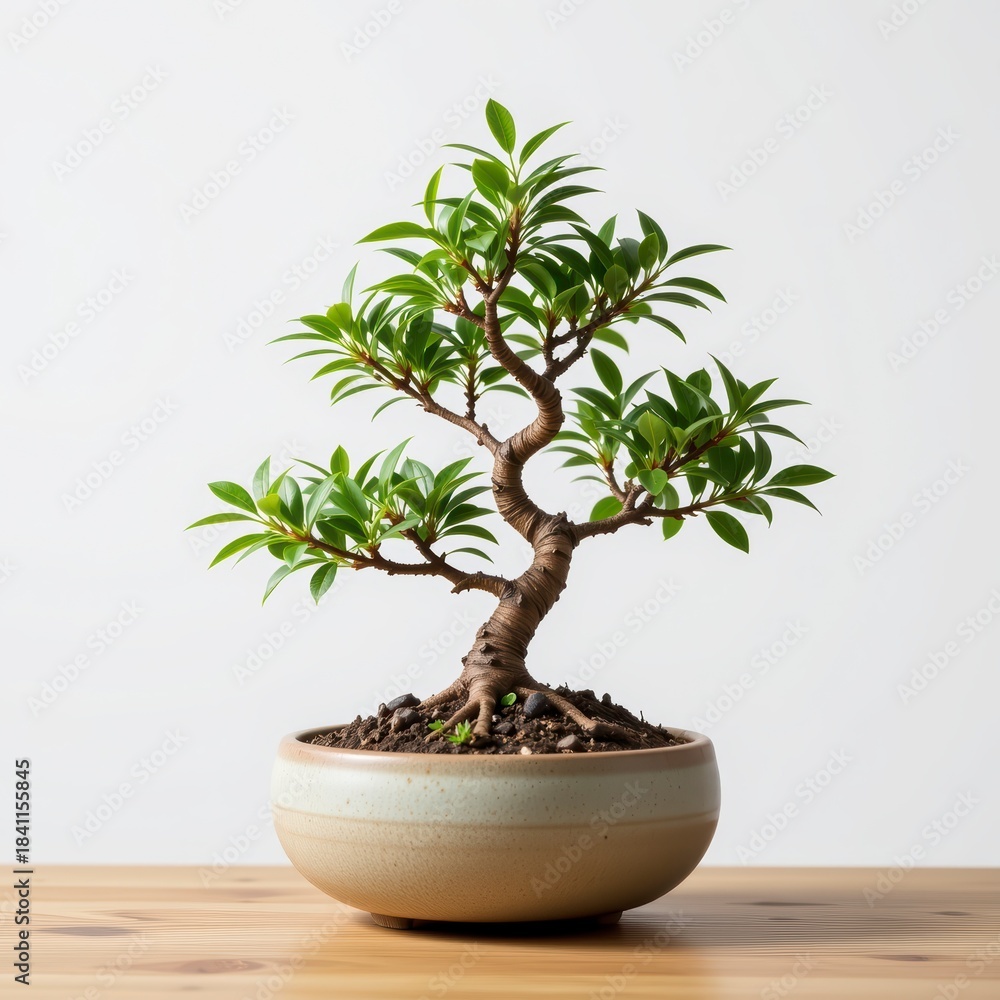 Fototapeta premium Serene Bonsai Tree Wooden Surface with Light Background