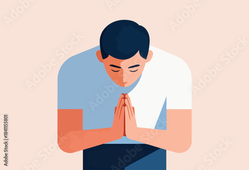 A stylized illustration of a person with hands clasped in prayer, head bowed. A simple color palette is used