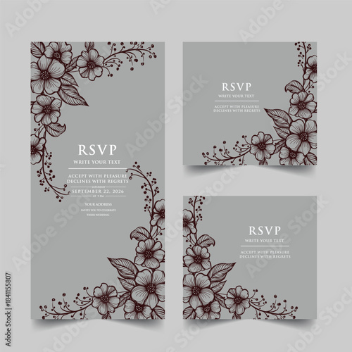Elegant wedding invitation card background vector. Minimal hand draw botanical flowers and butterfly template background. Design illustration for wedding, vip cover, poster, rsvp modern card.

