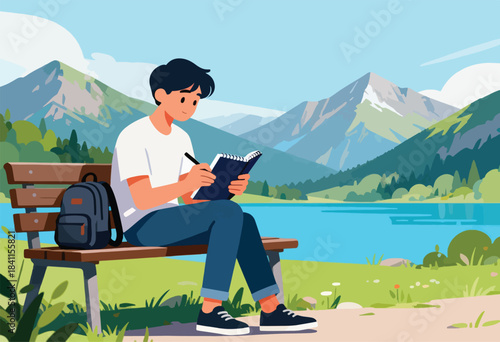 A person sits on a bench by a lake, writing in a journal with mountains in the background