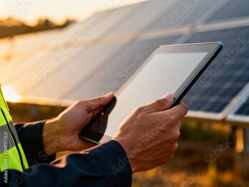 Close-up of technician hands holding a digital tablet near solar panels during golden hour.