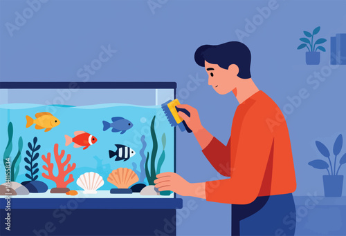 A person cleans an aquarium with fish, plants, and decorations.  A clean, colorful, illustrative scene