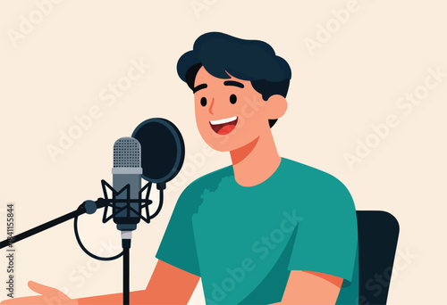 Illustration of a smiling person with dark hair, a teal shirt, and microphone, perhaps recording a podcast
