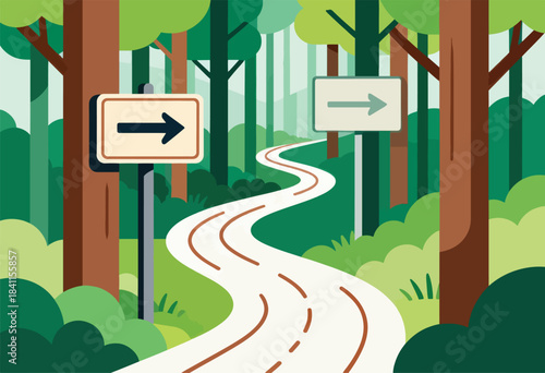 A stylized illustration presents a winding road through a forest with direction signs, hinting at a journey forward