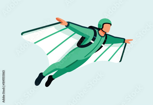 A green silhouette of a person wingsuit flying against a pale blue background