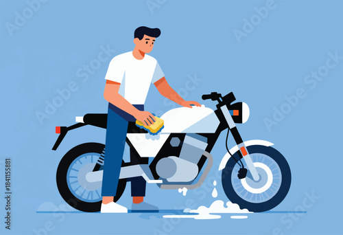 An illustrated man washes a classic motorcycle with a sponge, water, and soap. A vector image