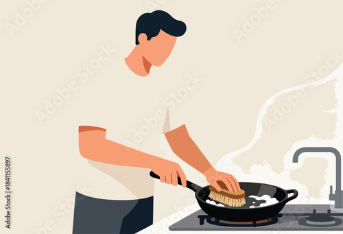 Illustration shows a person washing a pan with a brush at a kitchen sink. Warm colors create a cozy vibe