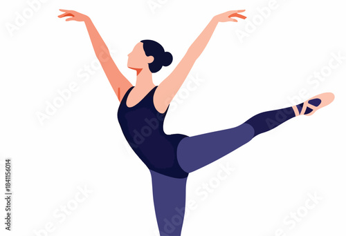 A graphic illustration of a ballerina in mid-motion with arms raised, en pointe. Simple, flat vector style