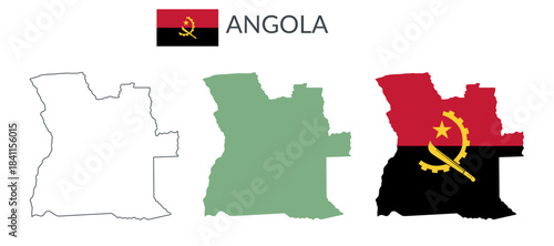 Angola geographical borders isolated on white background. Flag of Angola. Vector flat cliparts.