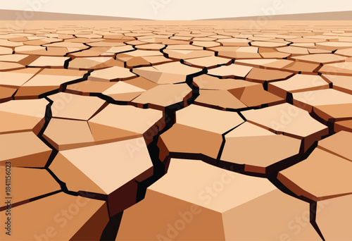 Vector image of dry cracked earth, with geometric polygons and shades of brown, perspective stretching