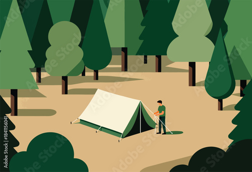 Geometric illustration of a person setting up a tent in a forest with abstract trees and sandy ground
