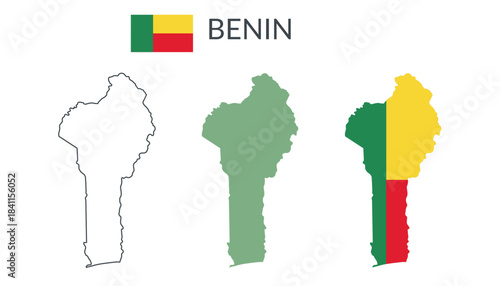 Benin geographical borders isolated on white background. Flag of Benin. Vector flat cliparts.