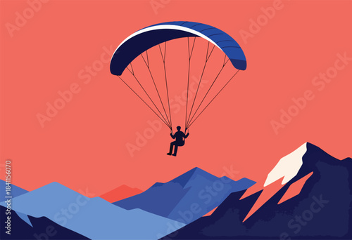 A silhouetted paraglider soars over stylized mountains in a sunset sky, minimalist design