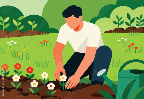 A person kneels, tending flowers in a garden. Green hills and grass surround the planting area. A watering can is nearby
