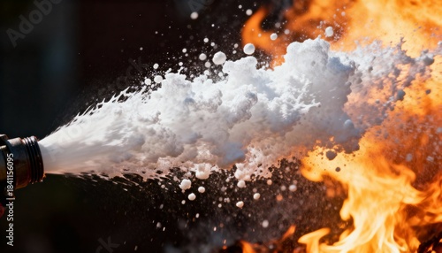 Intense stream of fire suppression foam spraying onto vibrant orange flames from a nozzle, a dramatic and dynamic firefighting action shot.
