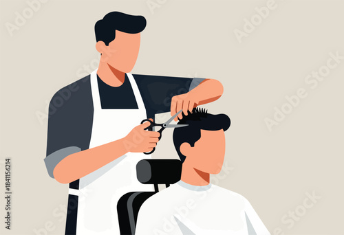 A barber cutting a man's hair in a clean and modern illustration, emphasizing the haircut action
