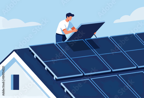 Man installing solar panels on a house roof under a blue sky, promoting renewable energy