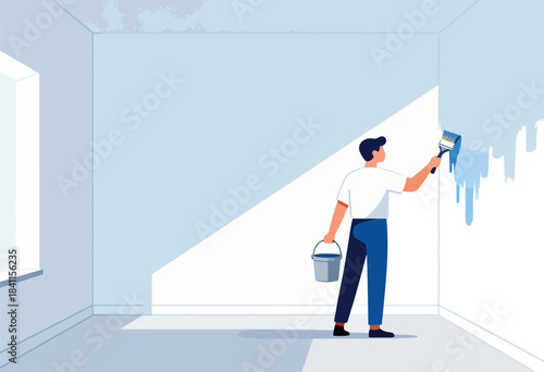 A person paints a room. One wall is covered with blue paint, other walls are white. Light shines in