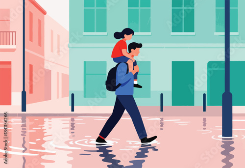 Father carries child on shoulders across a flooded street, buildings in background, reflections in puddles