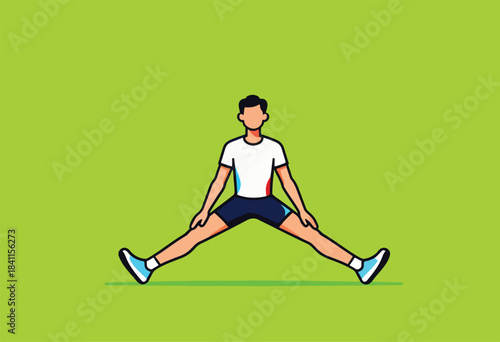Cartoon of person in athletic pose. Legs are split wide, arms at side. Background is green. Person is facing the viewer