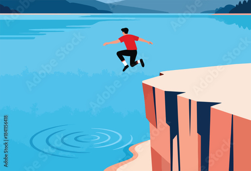 A person in a red shirt jumps off a cliff into the water, with mountains in the distance