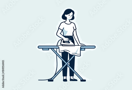 A person irons clothes on a board. A corded iron presses against the white fabric. The figure is centered