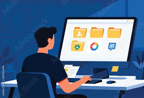 A person uses a computer displaying digital file icons. The desk has notes and accessories. Dark blue background