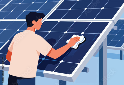 An illustration shows a person cleaning solar panels with a white cloth, promoting clean energy