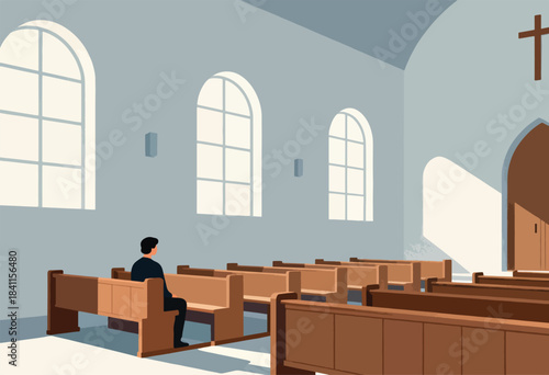 A person sits alone on a pew in a quiet church. Light streams through arched windows. A cross is mounted