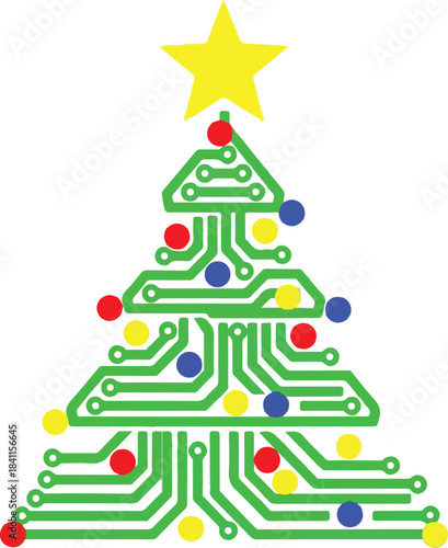 Festive christmas tree design made from green circuit board traces adorned with colorful lights and a yellow star, Generative Ai