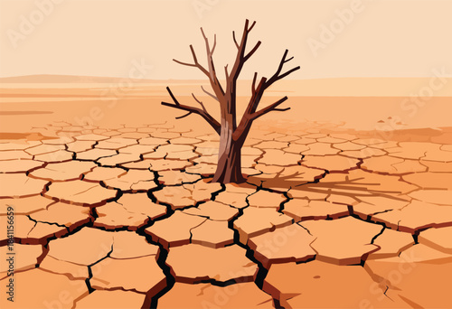 Dry, cracked earth surrounds a lone, leafless tree against a hazy horizon, symbolizing drought and environmental concern