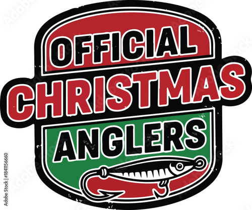Official christmas anglers emblem featuring a fishing lure and festive red and green design, Generative Ai
